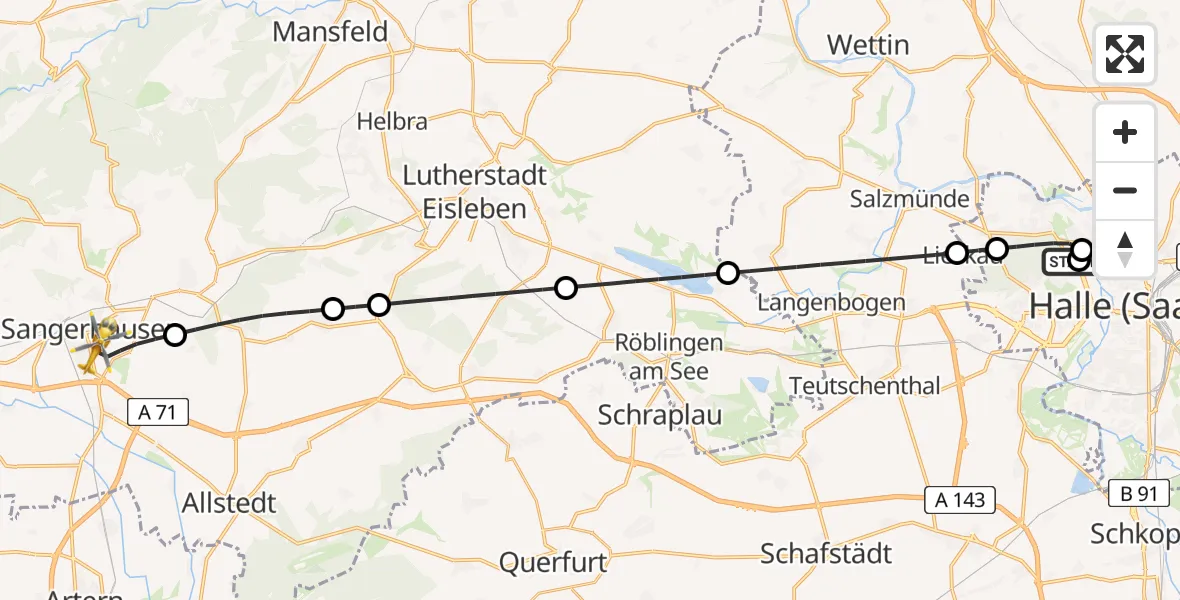 Flugroute Ambulanzhubschrauber Halle (Saale) University Hospital - Sangerhausen, 28 April 2026, 21:05