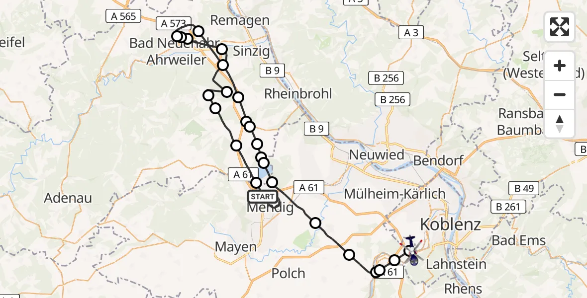 Flugroute Polizeihubschrauber Mendig - Koblenz-Winningen Flugplatz, 28 April 2026, 21:29