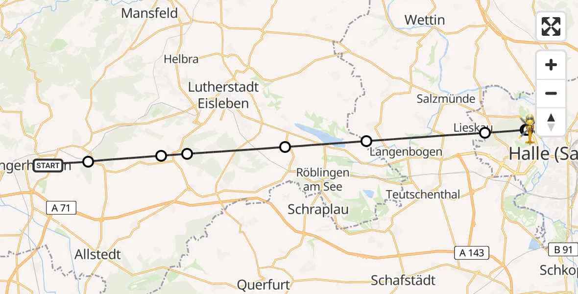 Flugroute Ambulanzhubschrauber Sangerhausen - Halle (Saale) University Hospital, 28 April 2026, 21:52