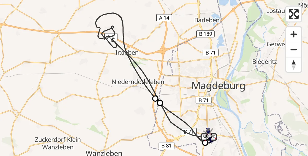 Flugroute Polizeihubschrauber Magdeburg City Flugplatz - Magdeburg, 28 April 2026, 22:36