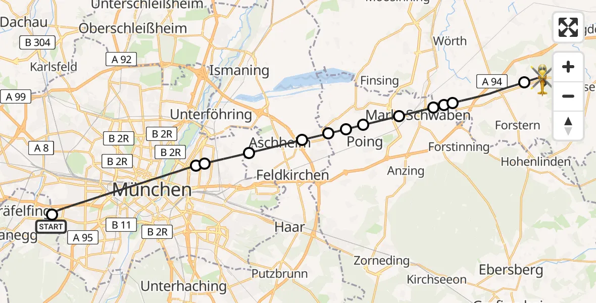 Flugroute Rettungshubschrauber DRF Air Rescue München Hubschrauberlandeplatz - Buch a.Buchrain, 28 April 2026, 23:03