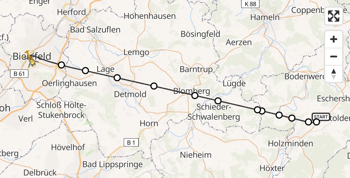 Flugroute Ambulanzhubschrauber Negenborn - Bielefeld, 28 April 2026, 23:36