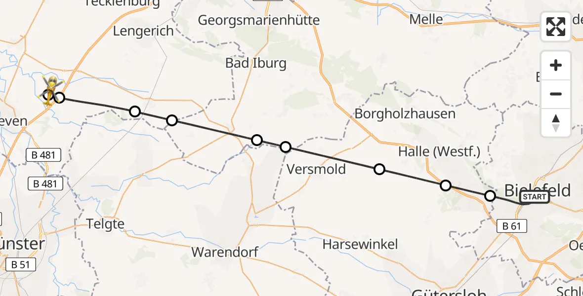 Flugroute Ambulanzhubschrauber Bielefeld - Christoph  Westfalen-ADAC, 29 April 2026, 00:56