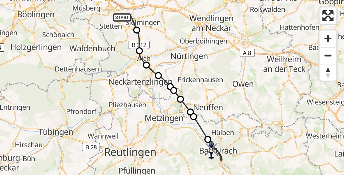 Flugroute Polizeihubschrauber Flughafen Stuttgart - Bad Urach, 29 April 2026, 04:37