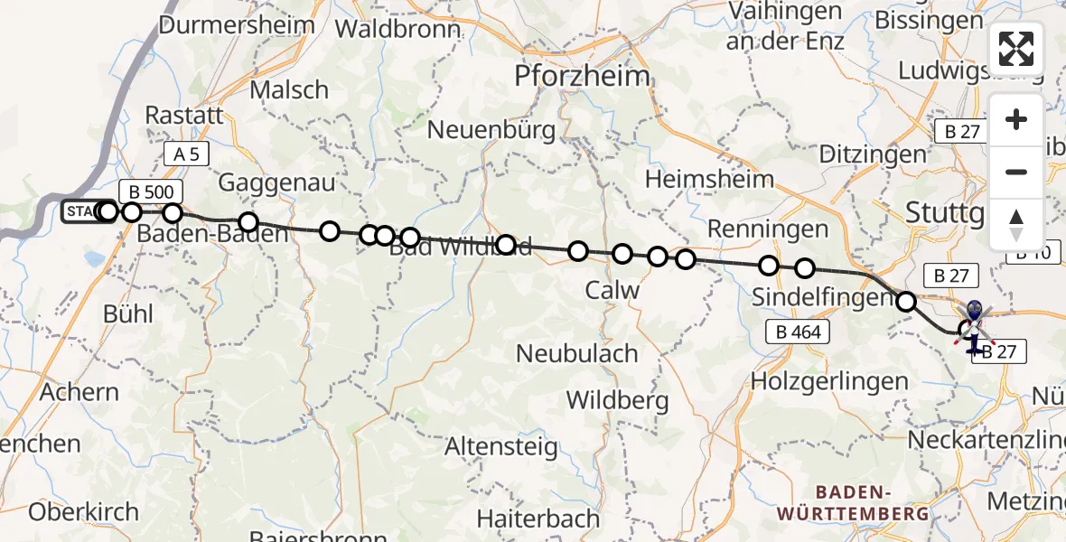 Flugroute Polizeihubschrauber Karlsruhe Baden-Baden Flughafen - Flughafen Stuttgart, 29 April 2026, 04:44