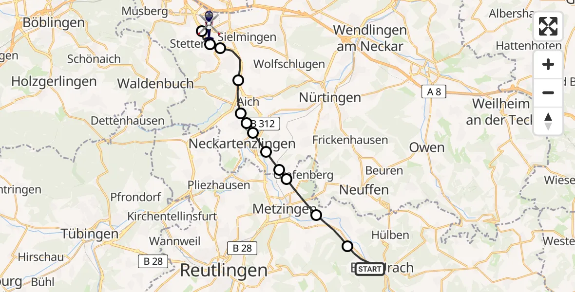 Flugroute Polizeihubschrauber Bad Urach - Flughafen Stuttgart, 29 April 2026, 05:10