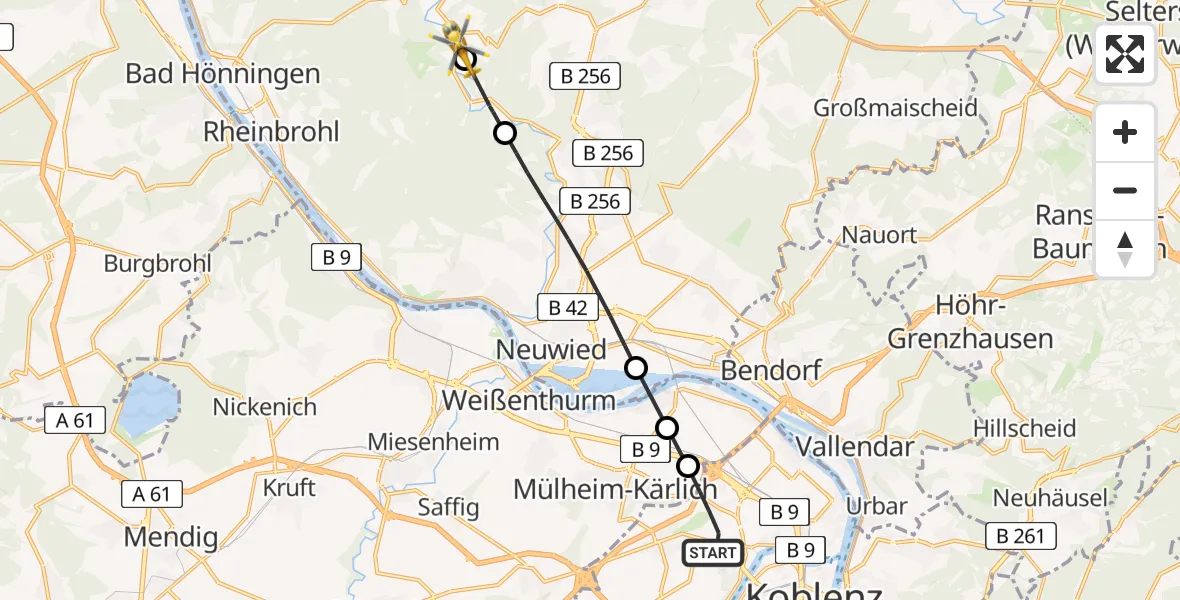 Flugroute Rettungshubschrauber Koblenz - Niederbreitbach, 29 April 2026, 05:41