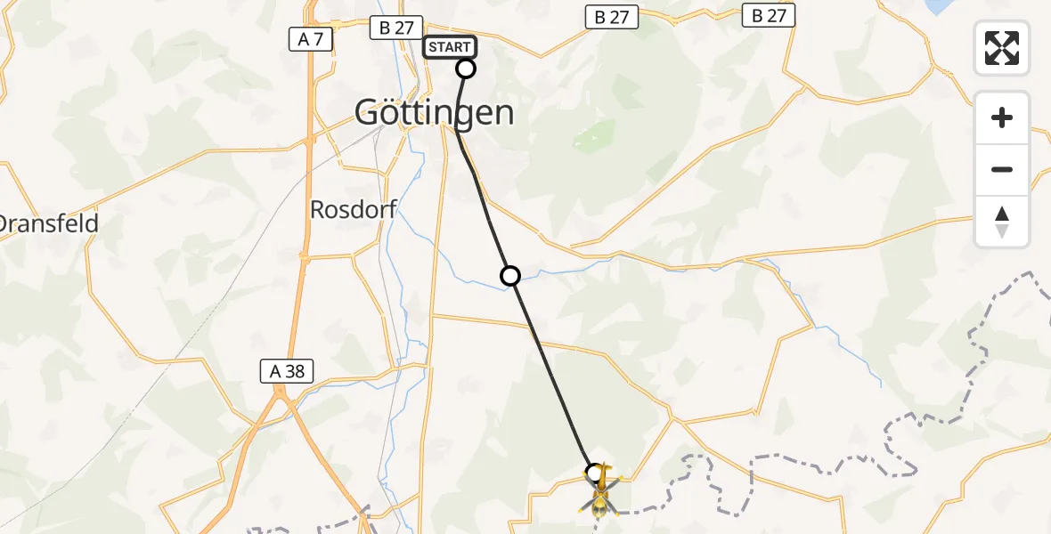 Flugroute Rettungshubschrauber Göttingen University Clinic Hubschrauberlandeplatz - Friedland, 29 April 2026, 05:43