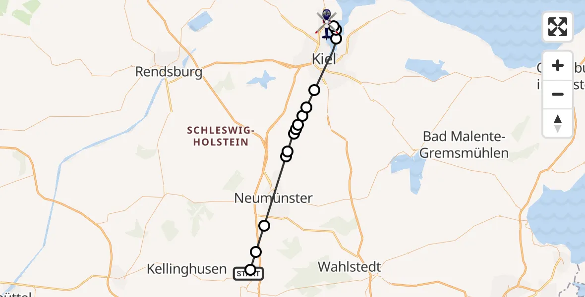 Flugroute Polizeihubschrauber Bad Bramstedt Hubschrauberlandeplatz - Kiel-Holtenau Flughafen, 29 April 2026, 05:51