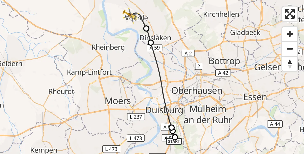 Flugroute Rettungshubschrauber Duisburg Air Rescue Hubschrauberlandeplatz (Christoph 9) - Voerde (Niederrhein), 29 April 2026, 06:14