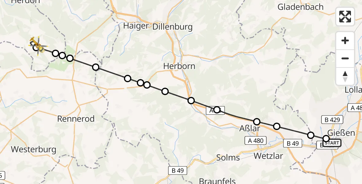 Flugroute Rettungshubschrauber Gießen - Derschen, 29 April 2026, 06:16