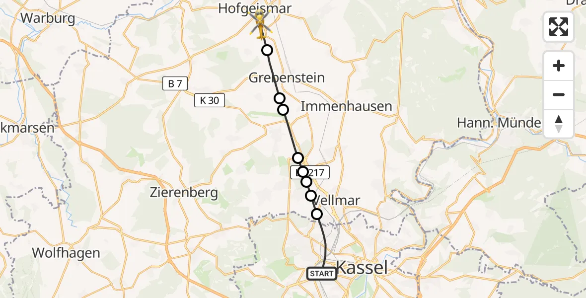 Flugroute Rettungshubschrauber Kassel - Hofgeismar, 29 April 2026, 06:25