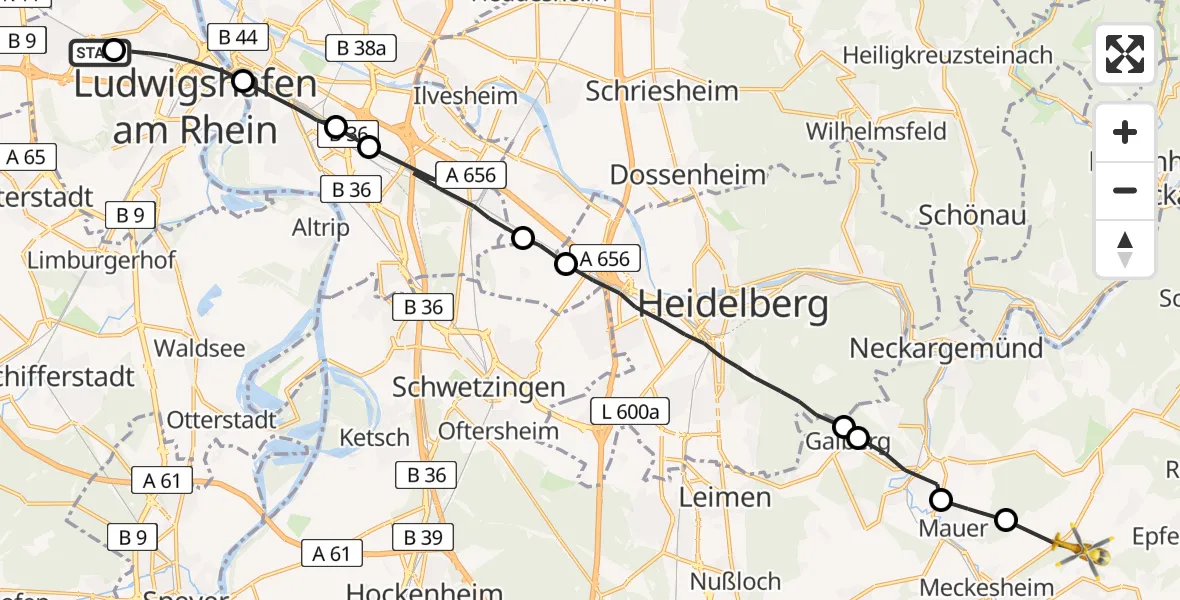 Flugroute Rettungshubschrauber Ludwigshafen Accident Hospital - Eschelbronn, 29 April 2026, 06:30