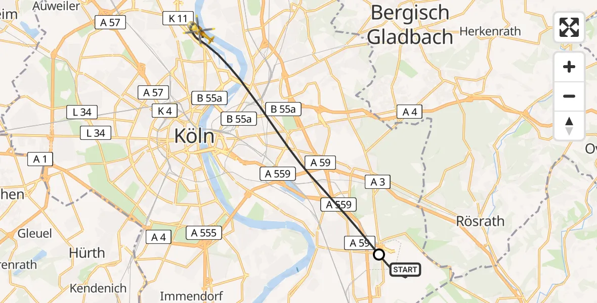 Flugroute Rettungshubschrauber Köln Bonn Flughafen - Köln, 29 April 2026, 06:33