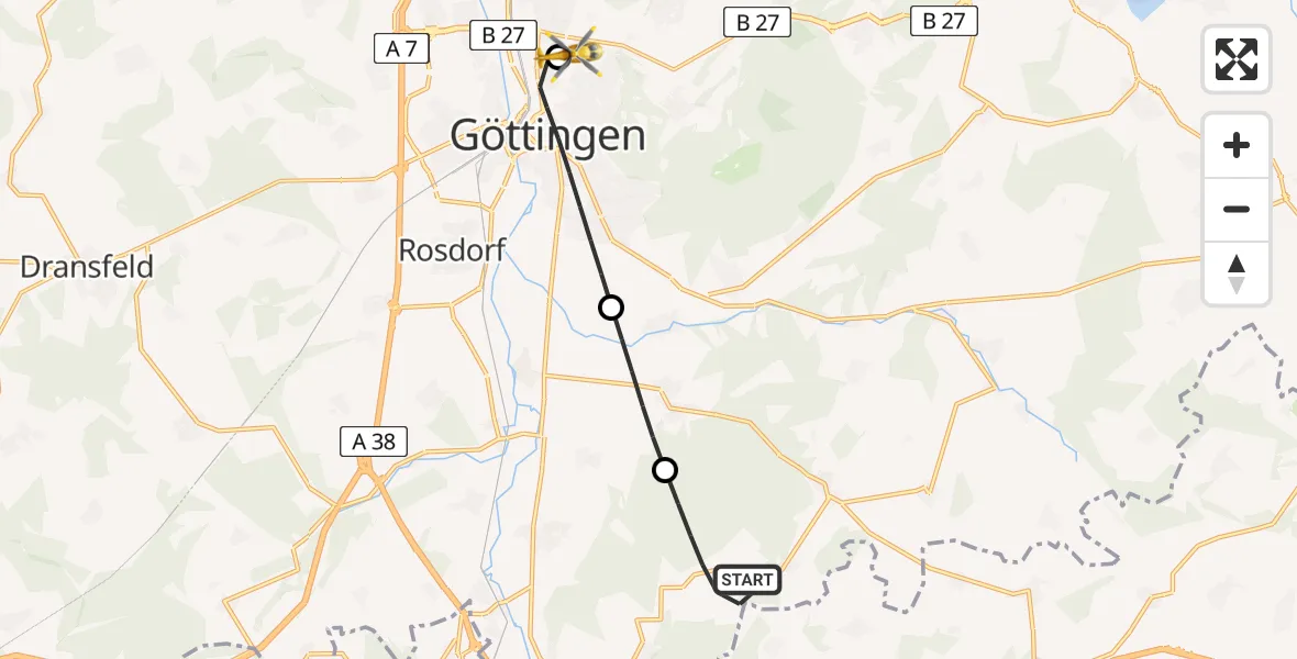 Flugroute Rettungshubschrauber Friedland - Göttingen University Clinic Hubschrauberlandeplatz, 29 April 2026, 06:36