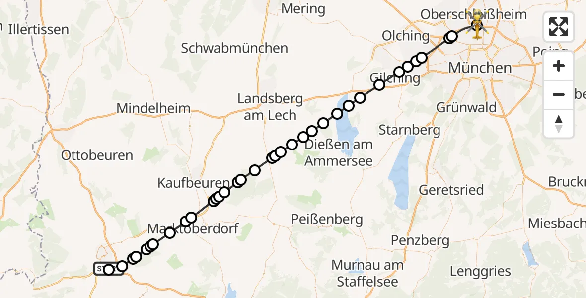 Flugroute Rettungshubschrauber Kempten-Durach Flugplatz - Oberschleißheim, 29 April 2026, 06:42