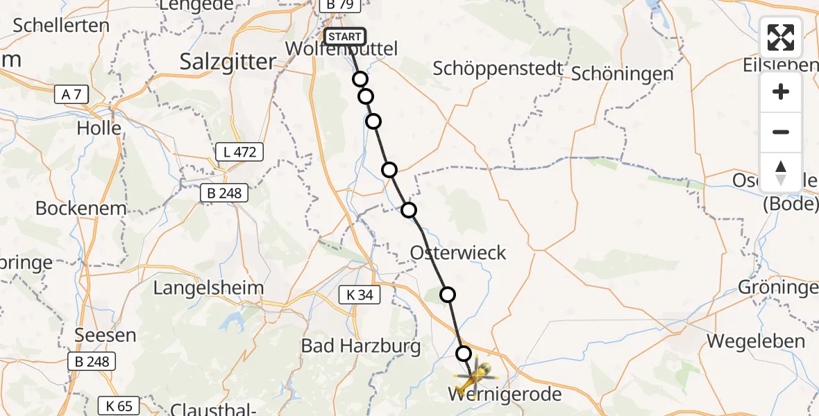 Flugroute Rettungshubschrauber Wolfenbüttel - Ilsenburg (Harz), 29 April 2026, 06:43