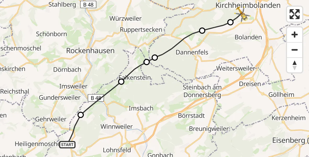 Flugroute Rettungshubschrauber Höringen - Kirchheimbolanden, 29 April 2026, 06:45