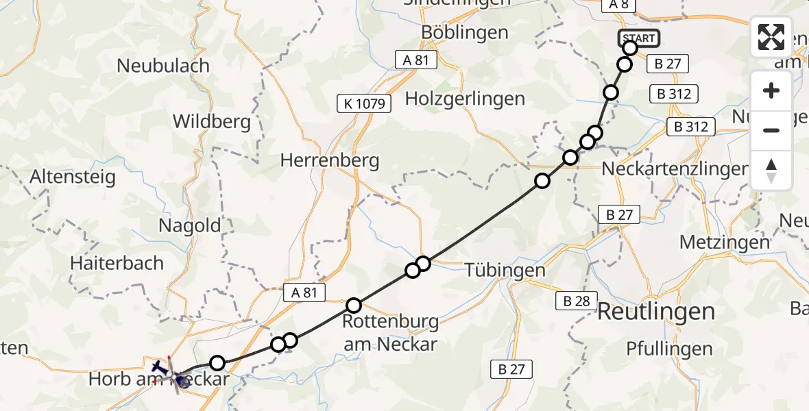 Flugroute Polizeihubschrauber Flughafen Stuttgart - Horb am Neckar, 29 April 2026, 06:48