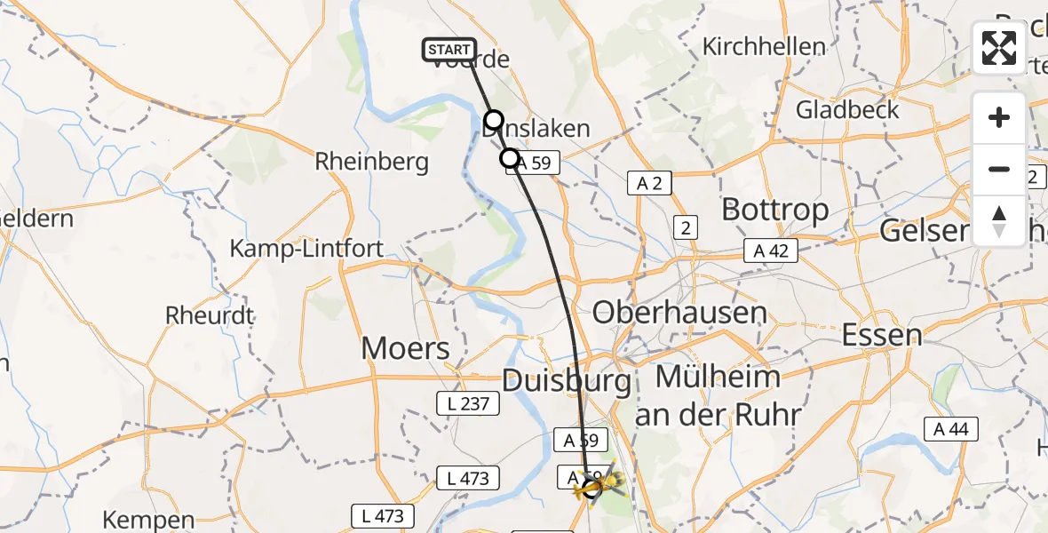 Flugroute Rettungshubschrauber Voerde (Niederrhein) - Duisburg Air Rescue Hubschrauberlandeplatz (Christoph 9), 29 April 2026, 06:56