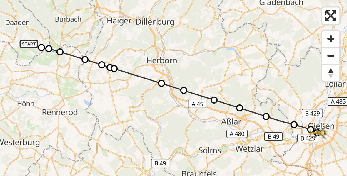 Flugroute Rettungshubschrauber Derschen - Gießen University Hospital, 29 April 2026, 07:01
