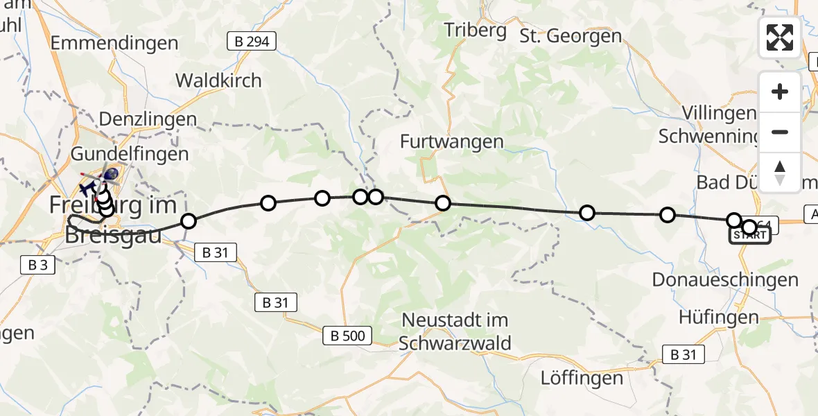 Flugroute Polizeihubschrauber Donaueschingen-Villingen Flugplatz - Freiburg im Breisgau Flugplatz, 29 April 2026, 07:04
