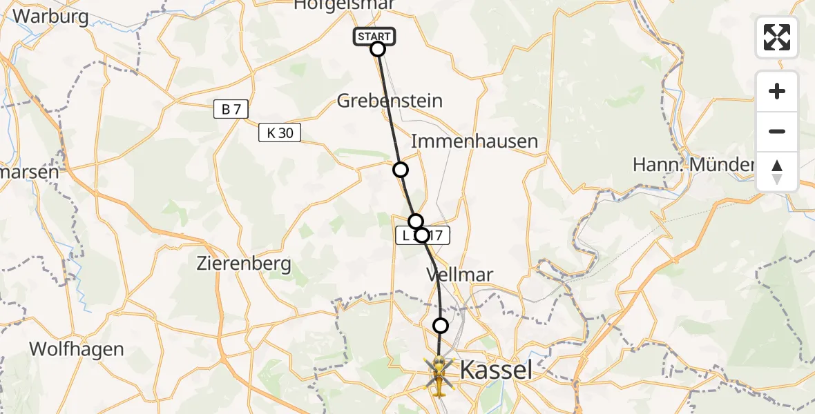 Flugroute Rettungshubschrauber Hofgeismar - Kassel, 29 April 2026, 07:04
