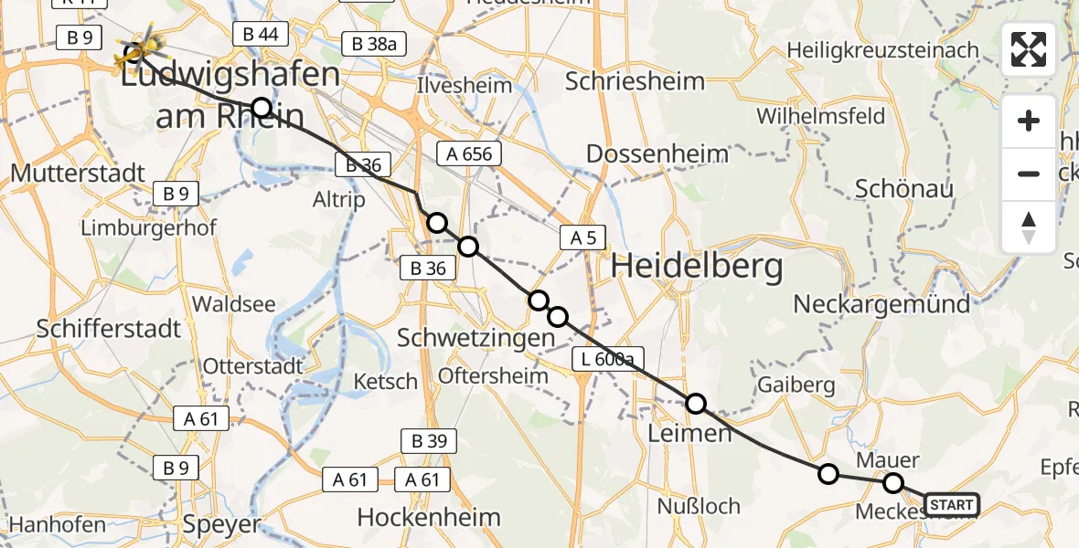 Flugroute Rettungshubschrauber Meckesheim - Ludwigshafen Accident Hospital, 29 April 2026, 07:20