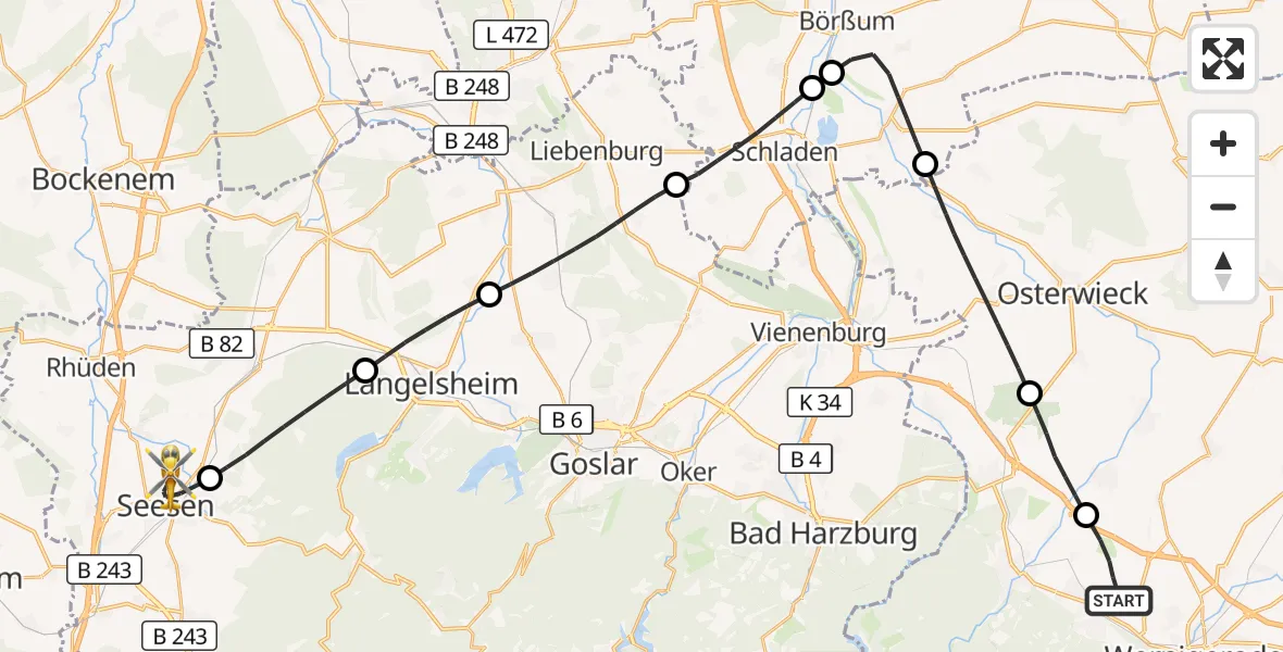 Flugroute Rettungshubschrauber Ilsenburg (Harz) - Seesen, 29 April 2026, 07:25