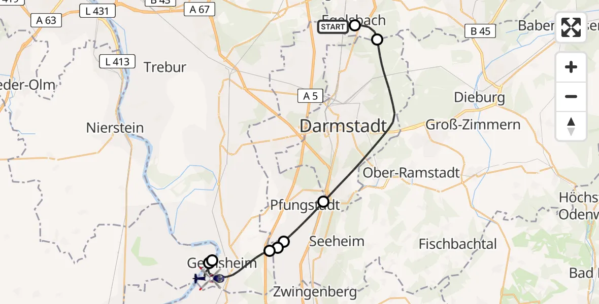 Flugroute Polizeihubschrauber Flughafen Frankfurt-Egelsbach - Gernsheim, 29 April 2026, 07:28