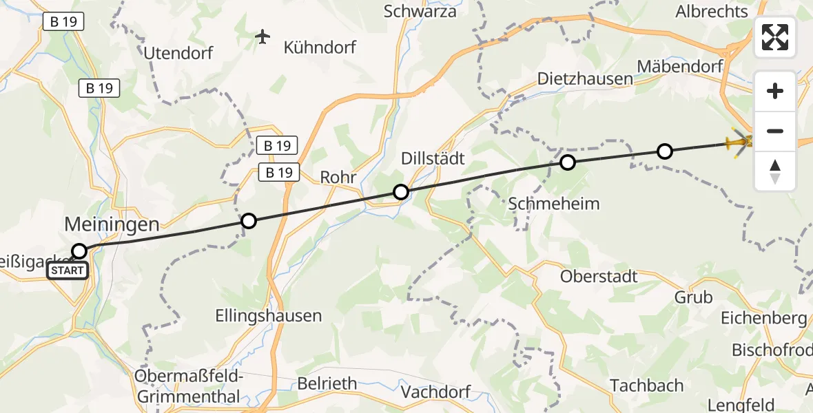 Flugroute Rettungshubschrauber Helios Clinic Meiningen - Suhl, 29 April 2026, 07:29