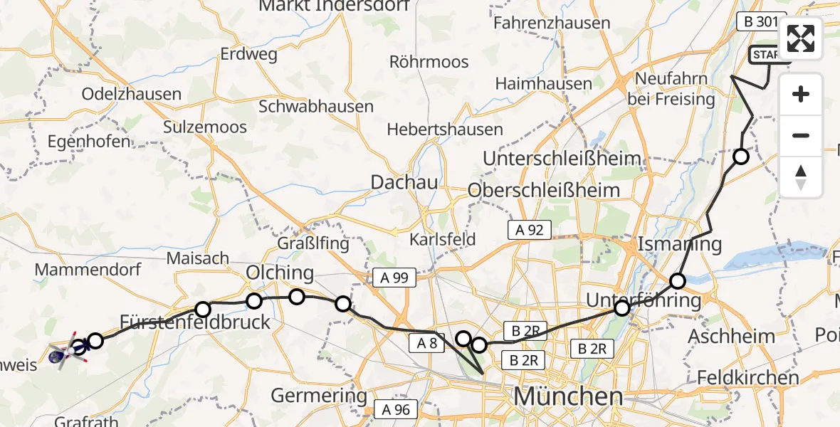 Flugroute Polizeihubschrauber Hallbergmoos - Jesenwang, 29 April 2026, 07:32