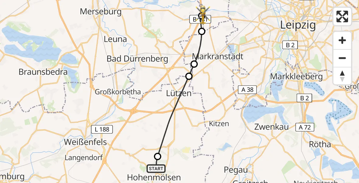 Flugroute Rettungshubschrauber Hohenmölsen - ADAC Air Rescue Station Leipzig/Schkeuditz-Dölzig Hubschrauberlandeplatz (Christoph 61), 29 April 2026, 07:37