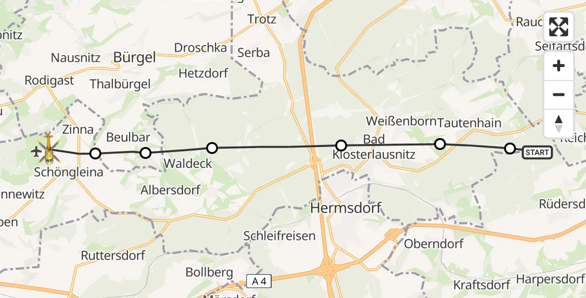 Flugroute Rettungshubschrauber Kraftsdorf - Jena-Schöngleina Flugplatz, 29 April 2026, 07:37