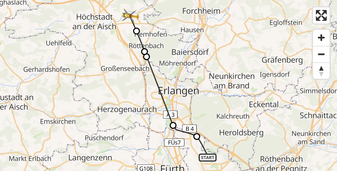 Flugroute Rettungshubschrauber Flughafen Nuremberg - Adelsdorf, 29 April 2026, 07:44