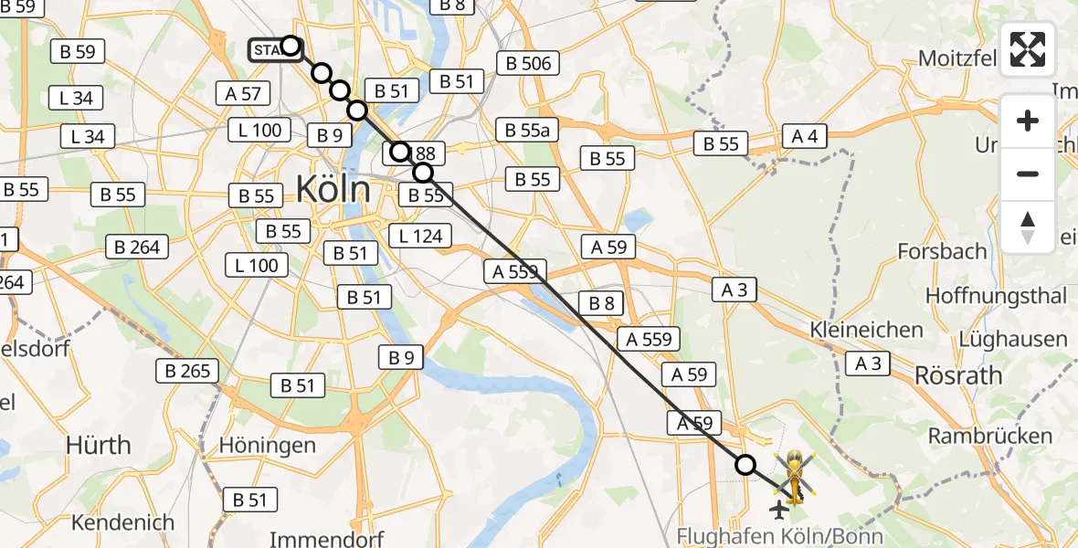 Flugroute Rettungshubschrauber Köln - Köln Bonn Flughafen, 29 April 2026, 07:46