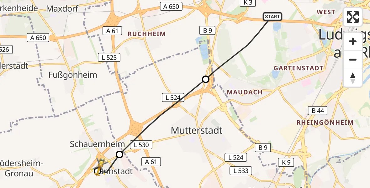 Flugroute Rettungshubschrauber Ludwigshafen am Rhein - Hochdorf-Assenheim, 29 April 2026, 07:50