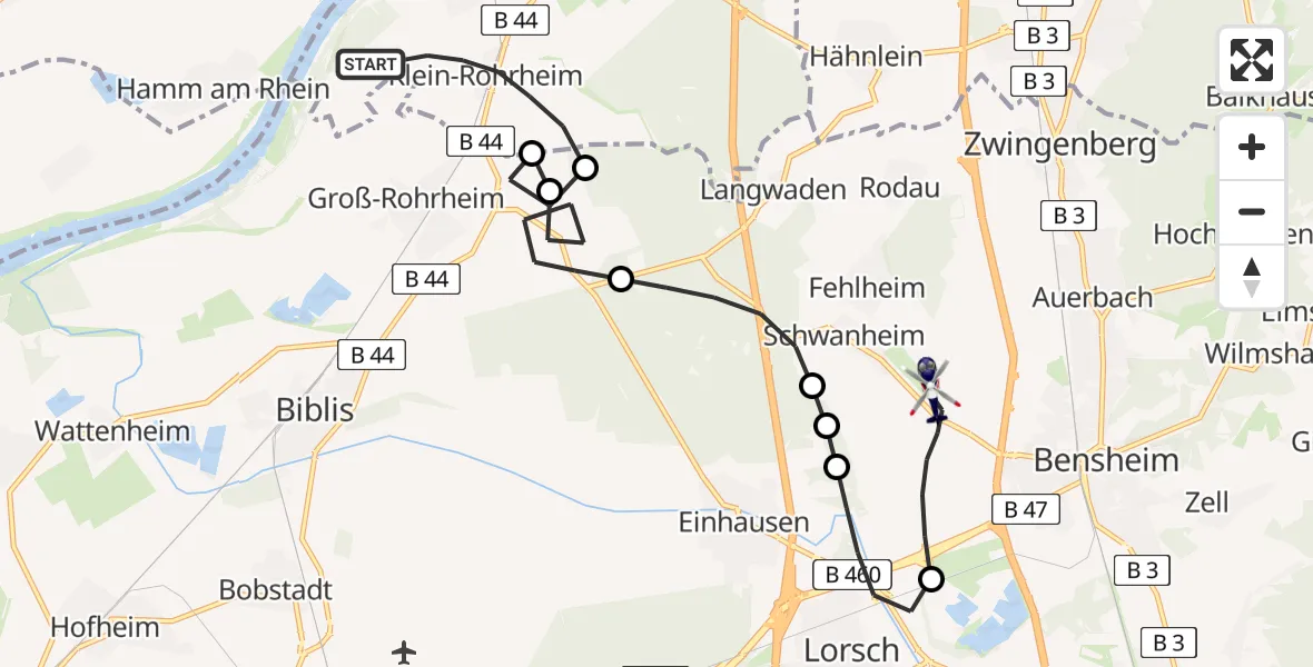 Flugroute Polizeihubschrauber Gernsheim - Bensheimer Stadtwiesen Flugplatz, 29 April 2026, 07:57