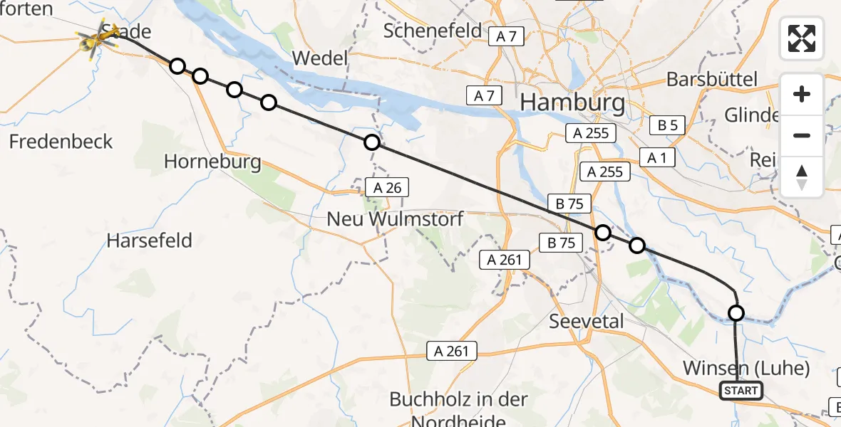 Flugroute Ambulanzhubschrauber Winsen (Luhe) - Stade, 29 April 2026, 07:59