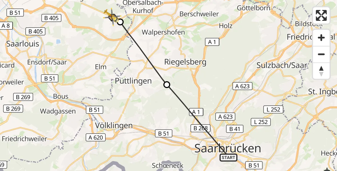 Flugroute Rettungshubschrauber Saarbrücken - Saarwellingen, 29 April 2026, 08:02
