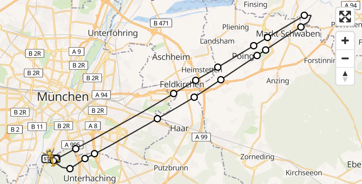 Flugroute Rettungshubschrauber ADAC Air Rescue Center Hubschrauberlandeplatz (Christoph 1) - ADAC Air Rescue Center Hubschrauberlandeplatz (Christoph 1), 29 April 2026, 08:04