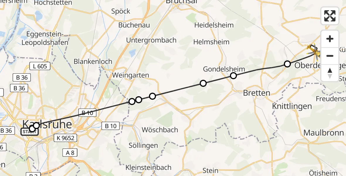 Flugroute Rettungshubschrauber Sankt Vincentius Hospital - Oberderdingen, 29 April 2026, 08:10