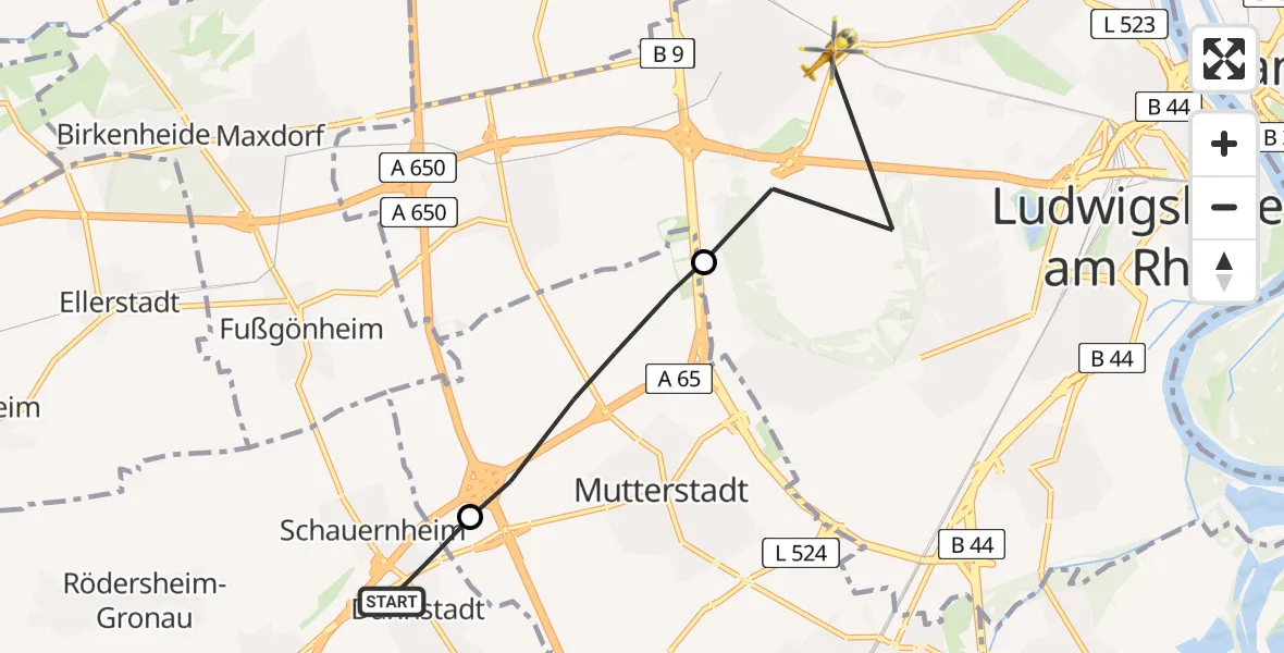 Flugroute Rettungshubschrauber Dannstadt-Schauernheim - Ludwigshafen am Rhein, 29 April 2026, 08:18