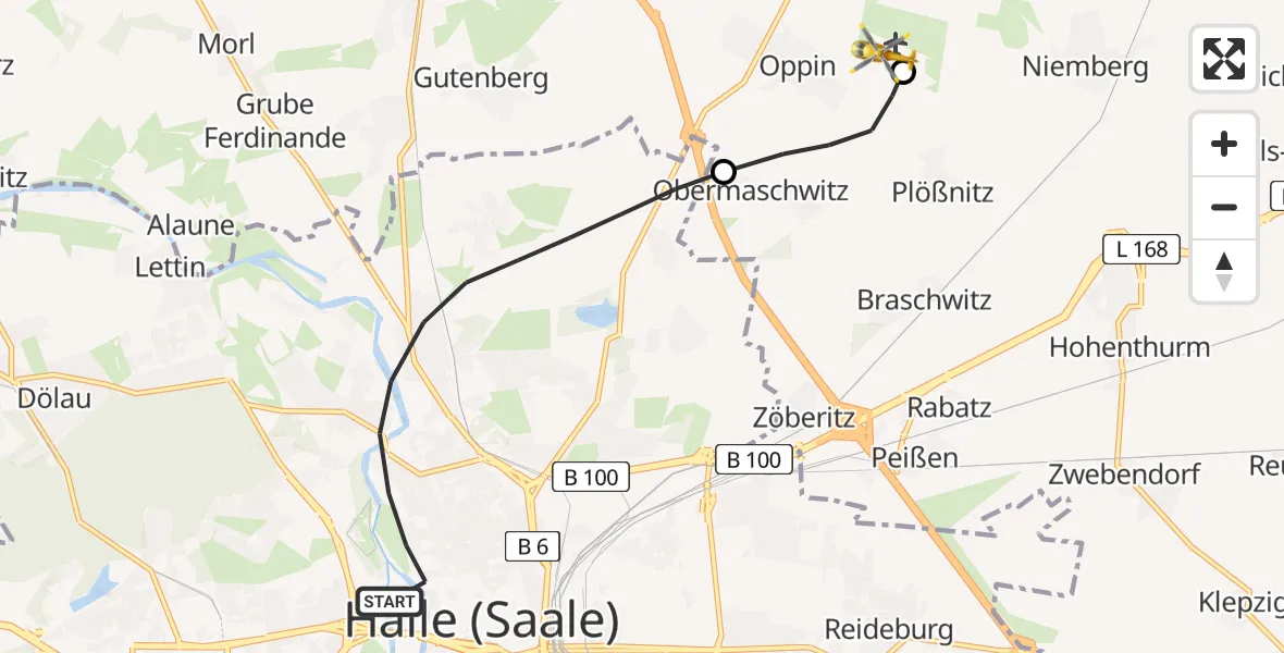 Flugroute Rettungshubschrauber Halle (Saale) - Halle-Oppin Flugplatz, 29 April 2026, 08:20
