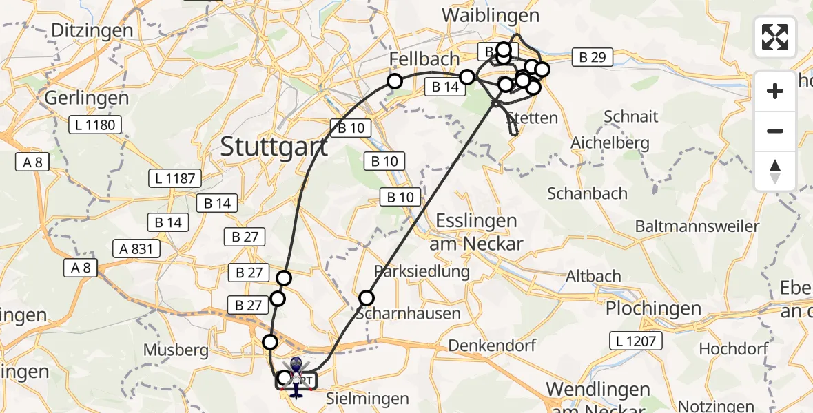 Flugroute Polizeihubschrauber Flughafen Stuttgart - Flughafen Stuttgart, 29 April 2026, 08:22