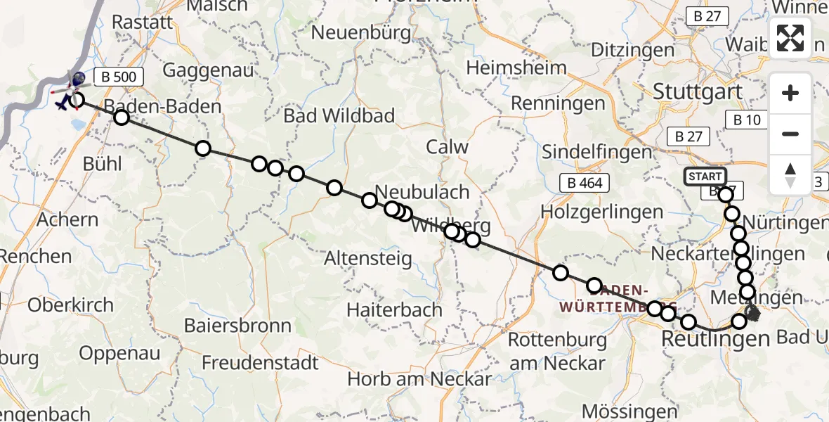 Flugroute Polizeihubschrauber Flughafen Stuttgart - Karlsruhe Baden-Baden Flughafen, 29 April 2026, 08:34