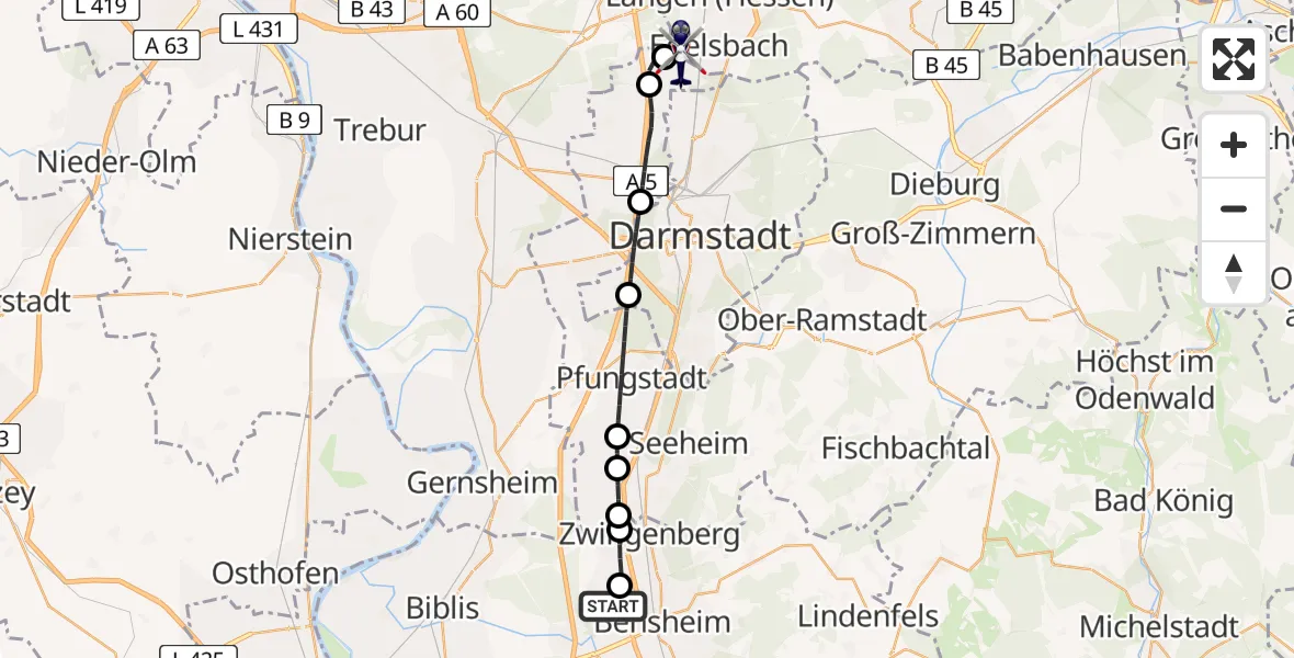 Flugroute Polizeihubschrauber Bensheimer Stadtwiesen Flugplatz - Flughafen Frankfurt-Egelsbach, 29 April 2026, 08:40