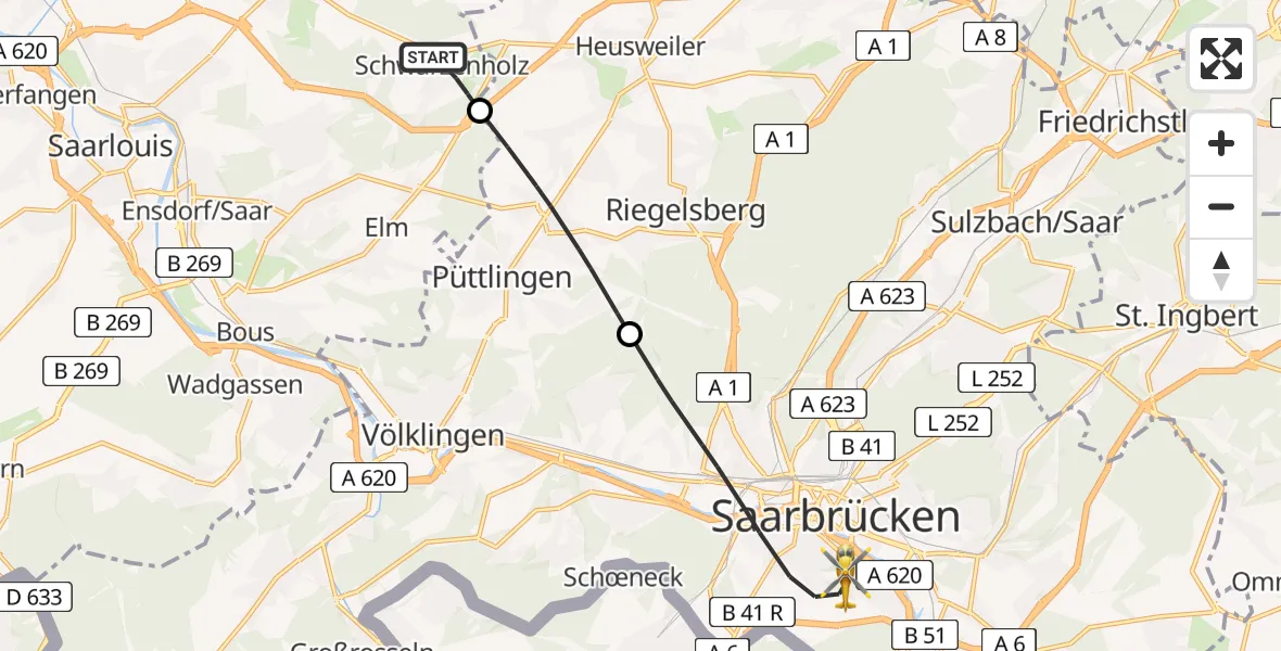 Flugroute Rettungshubschrauber Saarwellingen - Saarbrücken, 29 April 2026, 08:42