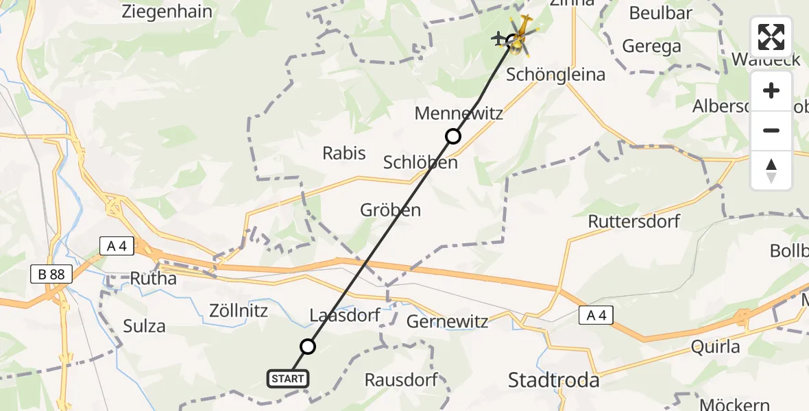 Flugroute Rettungshubschrauber Zöllnitz - Jena-Schöngleina Flugplatz, 29 April 2026, 08:48