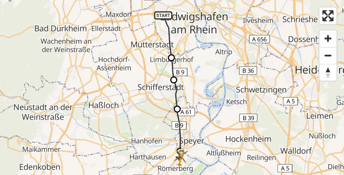 Flugroute Rettungshubschrauber Ludwigshafen am Rhein - Römerberg, 29 April 2026, 08:49